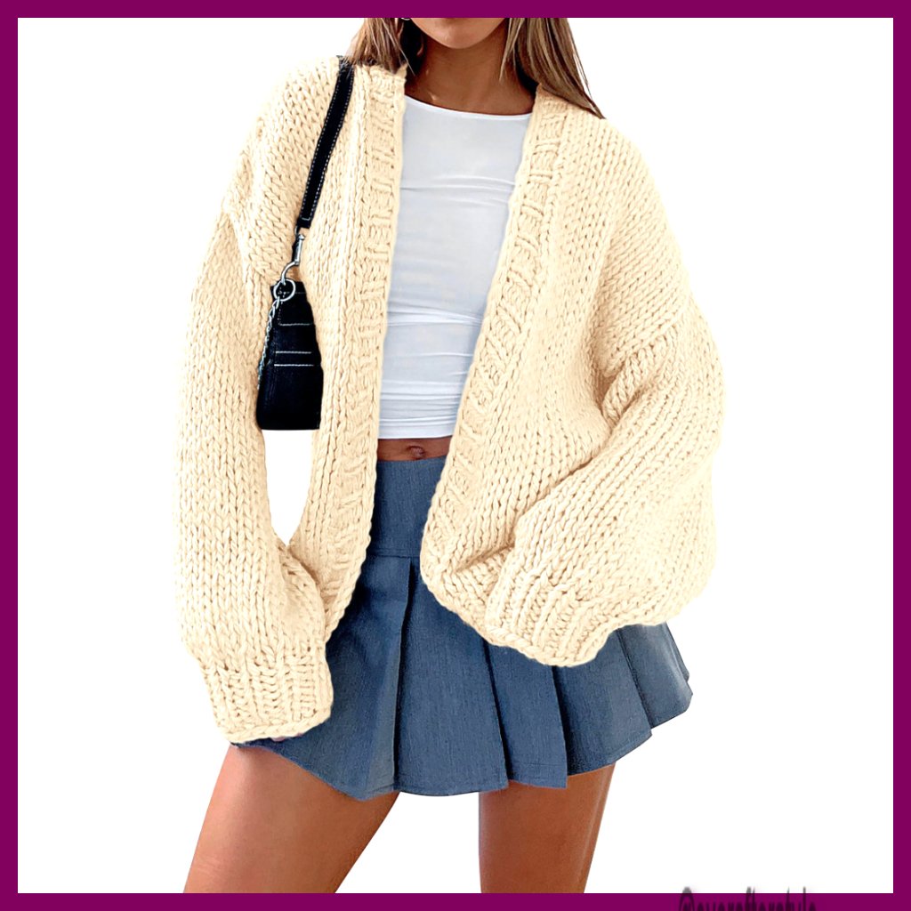 Chunky Knit Cardigan, Open Front, Shawl Collar, Loose Fit, Drop Shoulder